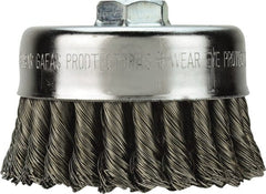 Cup Brush: 6″ Dia, 0.023″ Wire Dia, Steel, Knotted 5/8-11 Arbor Hole, 1-1/2″ Trim Length, 6,000 Max RPM