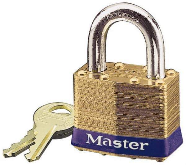 Master Lock - 15/16" Shackle Clearance, Keyed Different Laminated Brass Padlock - 5/16" Shackle Diam, Brass - Exact Industrial Supply