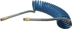 Parker - 3/8" ID, 1/2 x 1/2 Thread, 15' Long, Blue SAE J844 Type B Nylon Coiled & Self Storing Hose - 150 Max psi, Parker NTA Brass Fittings - Exact Industrial Supply