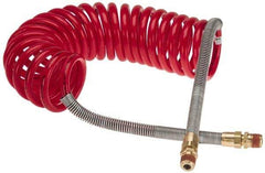 Parker - 3/8" ID, 1/2 x 1/2 Thread, 15' Long, Red SAE J844 Type B Nylon Coiled & Self Storing Hose - 150 Max psi, Parker NTA Brass Fittings - Exact Industrial Supply