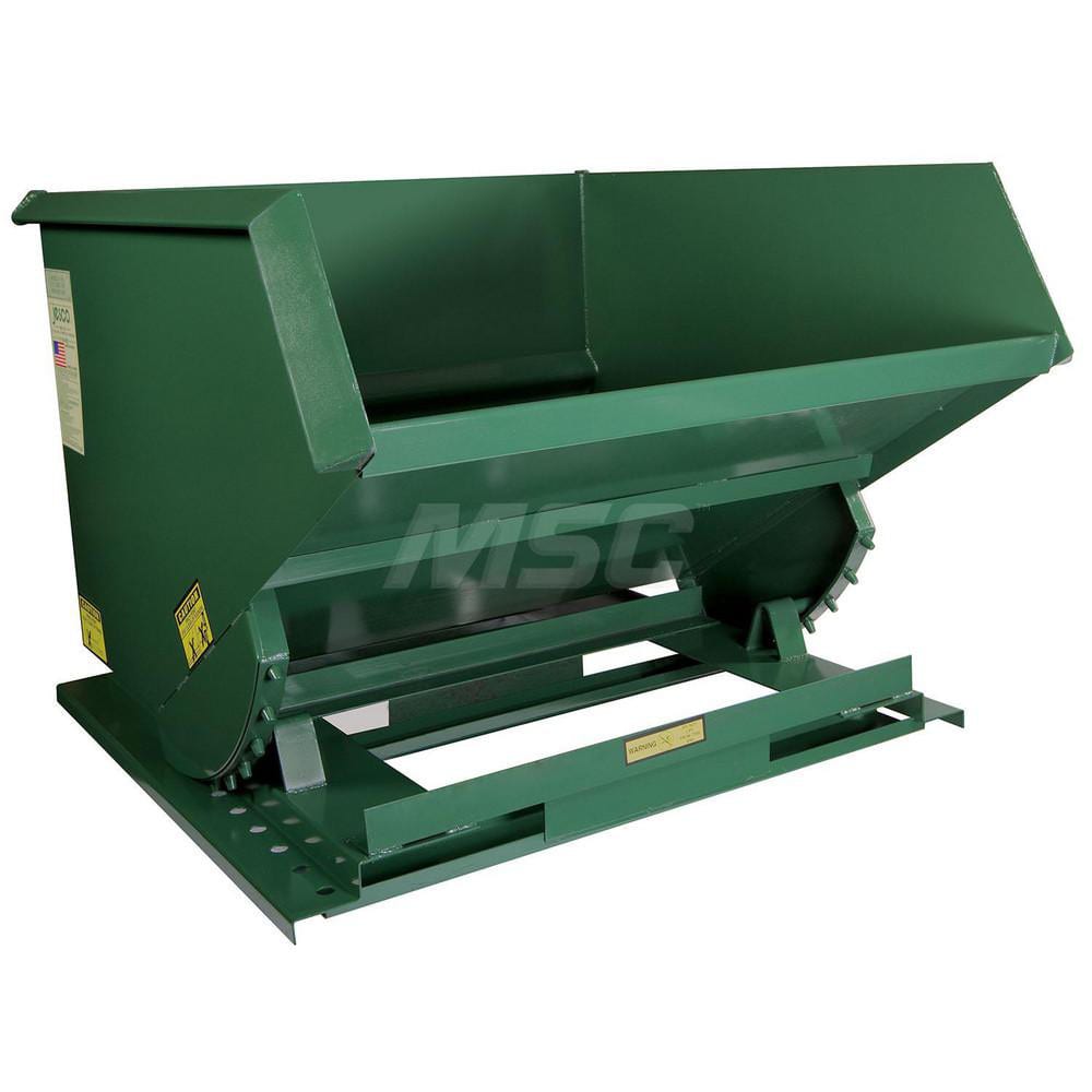 Stationary Tilt Hopper: 6,000 lb Capacity, 66″ Wide, 71.5″ Long, 59.5″ High Green, Powder Coated Steel, Hand Control