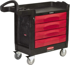 Rubbermaid - 500 Lb Capacity, 2 Shelf, 4 Drawer Mobile Workstation - 18-3/8" Wide x 40-5/8" Deep x 33-3/8" High, High-Density Structural Foam, Black/Red - Exact Industrial Supply