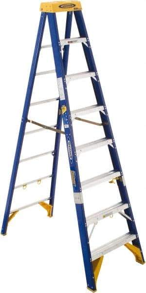 Werner - 8 Steps, 8' High, Type IAA Rating, Fiberglass Step Ladder - 375 Lb Load Capacity, 26-7/8" Base Width - Exact Industrial Supply