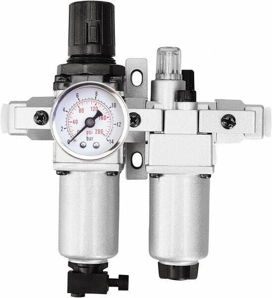 PRO-SOURCE - 3/8" NPT Port Intermediate 2 Piece Filter/Regulator-Lubricator FRL Unit - Aluminum Bowl, 63 SCFM, 215 Max psi, 10.43" High, Manual Drain - Exact Industrial Supply