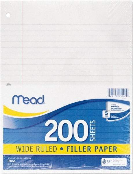 Mead - 200 Sheet, 10-1/2 x 8", Wide Ruled Filler Paper - White - Exact Industrial Supply