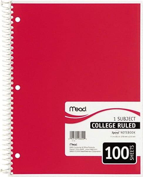 Mead - 100 Sheet, 8-1/2 x 11", College Ruled Spiral Bound Notebook - Red - Exact Industrial Supply