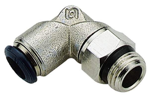 Alpha Technologies - 5/16" Outside Diam, 1/8 Universal Thread, Nickel Plated Brass Push-to-Connect Male Swivel Elbow - 250 Max psi, Tube to Universal Thread Connection, Buna O-Ring - Exact Industrial Supply