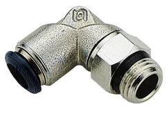 Alpha Technologies - 3/8" Outside Diam, 1/8 Universal Thread, Nickel Plated Brass Push-to-Connect Male Swivel Elbow - 250 Max psi, Tube to Universal Thread Connection, Buna O-Ring - Exact Industrial Supply