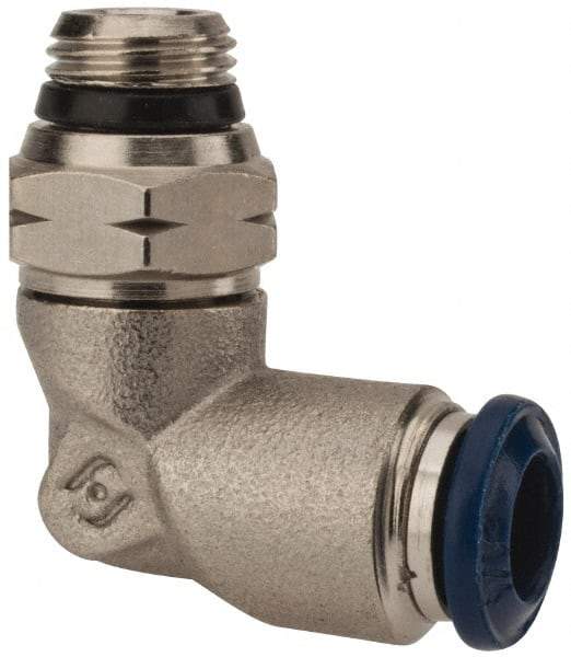 Alpha Technologies - 1/4" Outside Diam, 1/8 Universal Thread, Nickel Plated Brass Push-to-Connect Male Swivel Elbow - 250 Max psi, Tube to Universal Thread Connection, Buna O-Ring - Exact Industrial Supply