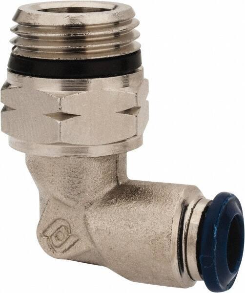 Alpha Technologies - 1/4" Outside Diam, 3/8 Universal Thread, Nickel Plated Brass Push-to-Connect Male Swivel Elbow - 250 Max psi, Tube to Universal Thread Connection, Buna O-Ring - Exact Industrial Supply