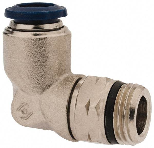 Alpha Technologies - 3/8" Outside Diam, 3/8 Universal Thread, Nickel Plated Brass Push-to-Connect Male Swivel Elbow - 250 Max psi, Tube to Universal Thread Connection, Buna O-Ring - Exact Industrial Supply