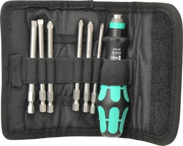 Wera - 7 Piece, 1/4" Drive Screwdriver Power Bit Set - #1 & #2 Phillips, #1 & #2 Pozidriv, 1.0x5.5 & 1.2x6.5mm Slotted - Exact Industrial Supply