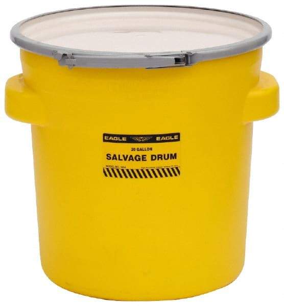 Eagle - 20 Gallon Capacity, Metal Lever Lock, Yellow Salvage Drum - 5 Gallon Container, 165 Lb. Capacity, Polyethylene, UN 1H2/X75/S Listing - Exact Industrial Supply