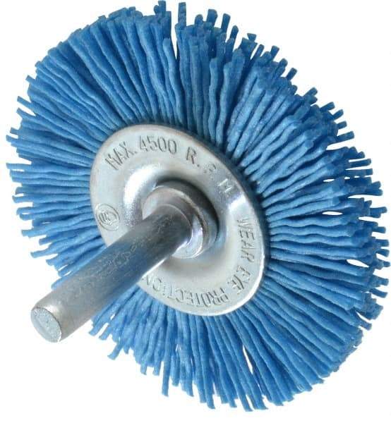 Value Collection - 2-3/8" OD, 1/4" Shank Diam, Crimped Nylon Wheel Brush - 1/4" Face Width, 5/16" Trim Length, 4,500 RPM - Exact Industrial Supply