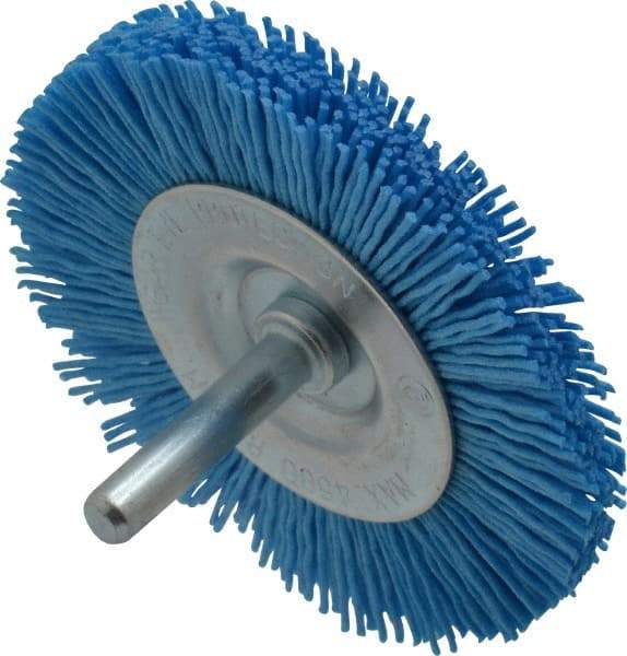 Value Collection - 3" OD, 1/4" Shank Diam, Crimped Nylon Wheel Brush - 1/4" Face Width, 5/16" Trim Length, 4,500 RPM - Exact Industrial Supply