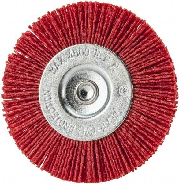 Value Collection - 4" OD, 1/4" Shank Diam, Crimped Nylon Wheel Brush - 1/4" Face Width, 5/16" Trim Length, 4,500 RPM - Exact Industrial Supply