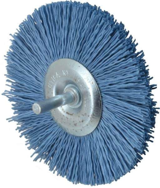Value Collection - 4" OD, 1/4" Shank Diam, Crimped Nylon Wheel Brush - 1/4" Face Width, 5/16" Trim Length, 4,500 RPM - Exact Industrial Supply