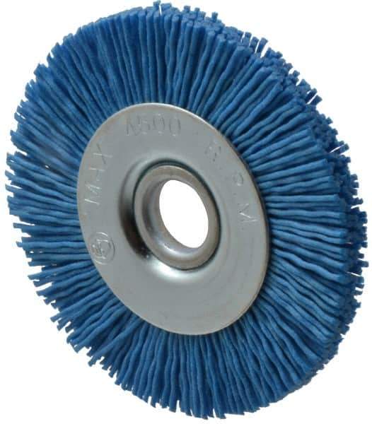 Value Collection - 3" OD, 1/2" Shank Diam, 1/2" Arbor Hole, Crimped Nylon Wheel Brush - 3/8" Face Width, 5/16" Trim Length, 4,500 RPM - Exact Industrial Supply