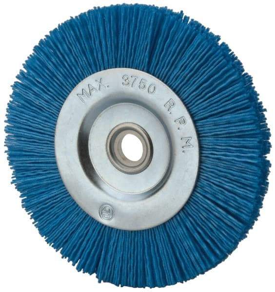 Value Collection - 5" OD, 5/8" Shank Diam, 5/8" Arbor Hole, Crimped Nylon Wheel Brush - 5/16" Face Width, 5/16" Trim Length, 3,750 RPM - Exact Industrial Supply