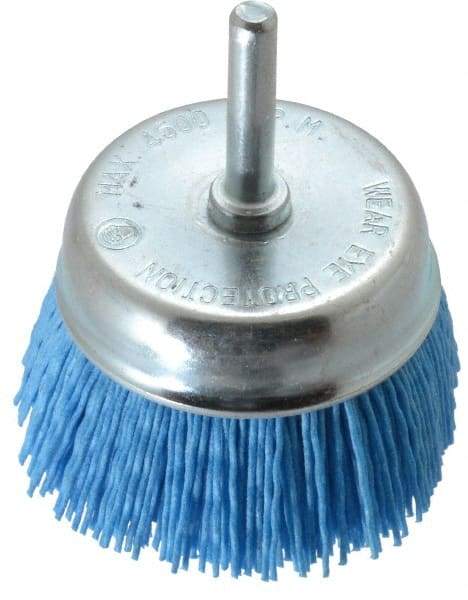 Value Collection - 3" Diam, 1/4" Hole Size Straight Wire Nylon Cup Brush - Fine Grade, 4,500 Max RPM - Exact Industrial Supply