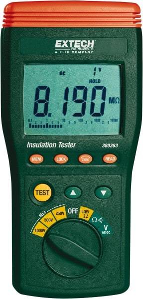 Extech - Digital LCD Display, 10,000 Megohm Electrical Insulation Resistance Tester & Megohmmeter - 1,000 VAC Max Test Voltage, Powered by 1.5V AA Battery - Exact Industrial Supply