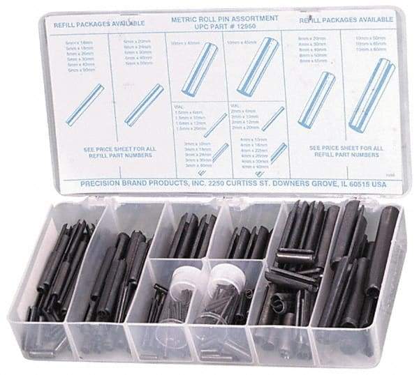 Precision Brand - 287 Piece, 1.5 to 10mm Pin Diam, Spring Pin Assortment - 1.5 to 80mm Long, Steel - Exact Industrial Supply