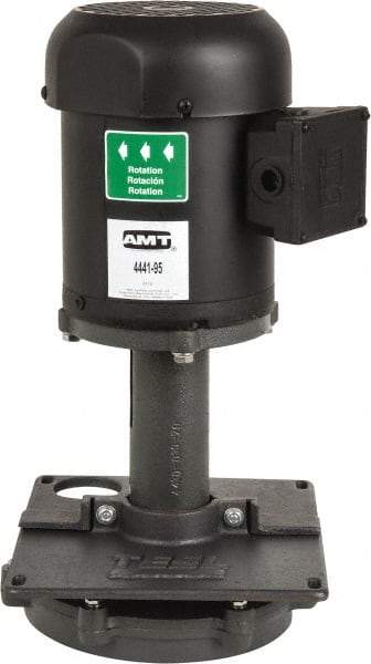 American Machine & Tool - 3/2 Amp, 230/460 Volt, 3/4 hp, 3 Phase, 1,725 RPM, Cast Iron Immersion Machine Tool & Recirculating Pump - 67 GPM, 1-3/4" Inlet, 14 psi, 19.7" Overall Height, 9.9" Body Length, NPT Thread, Stainless Steel Impeller, TEFC Motor - Exact Industrial Supply