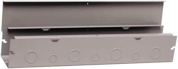 Cooper B-Line - 4" High x 102mm Wide x 12" Long, Screw Mount Solid Wall Wire Duct - Gray, 3 (Bottom) & 3 (Top) Knockouts, Hinged Cover, Steel - Exact Industrial Supply