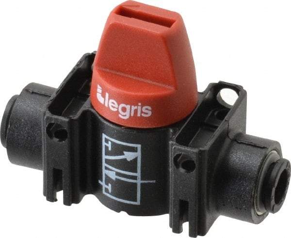 Legris - 6mm Pipe, Standard Port, Composite Miniature Ball Valve - 1 Piece, Inline - Two Way Flow, Push-to-Connect x Push-to-Connect Ends, Short Handle, 150 WOG - Exact Industrial Supply