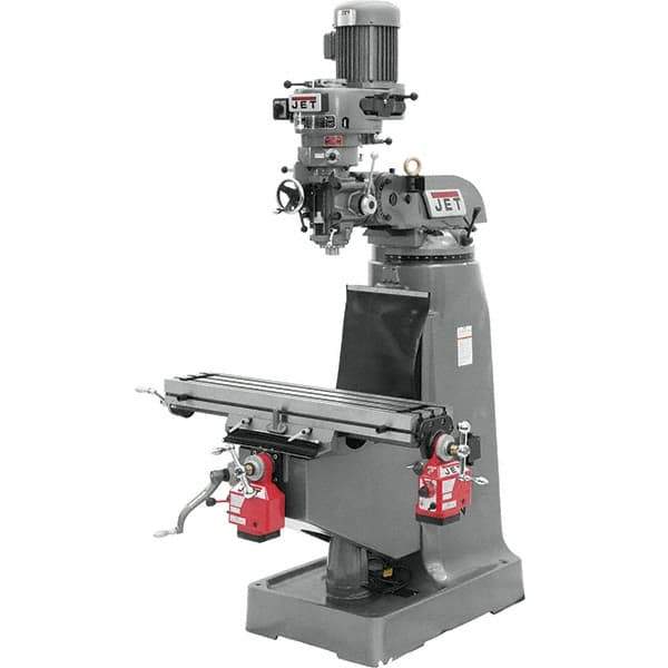 Jet - 9" Table Width x 42" Table Length, Step Pulley Control, 3 Phase Knee Milling Machine - R8 Spindle Taper, 2 hp - Exact Industrial Supply