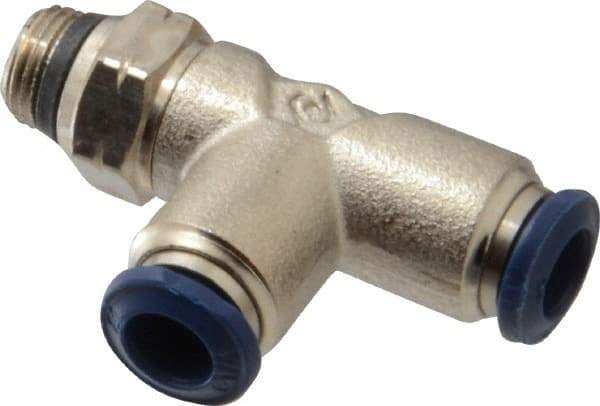Alpha Technologies - 1/4" Outside Diam, 1/8 Universal Thread, Nickel Plated Brass Push-to-Connect Male Swivel Run Tee - 250 Max psi, Tube to Universal Thread Connection, Buna O-Ring - Exact Industrial Supply