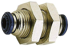 Alpha Technologies - 3/8" Outside Diam, Nickel Plated Brass Push-to-Connect Bulkhead Union - 250 Max psi, Tube to Tube Connection, Buna O-Ring - Exact Industrial Supply