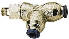 Alpha Technologies - 5/32" Outside Diam, 10-32 UNF, Nickel Plated Brass Push-to-Connect Male Swivel Run Tee - 250 Max psi, Tube to Male UNF Connection, Buna O-Ring - Exact Industrial Supply