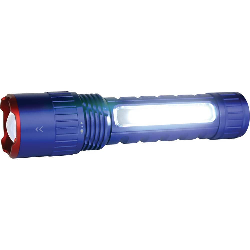 Flashlights; Light Output: 400 lm; Bulb Type: LED; Material: Aluminum; Run Time: 3.5; Lumens: 400; Light Output Modes: Low, High, Emergency Flash; Housing Color: Blue; Batteries Included: Yes; Overall Length: 6.25; Battery Size: 18650; Rechargeable: Yes;
