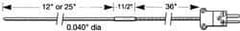 Thermo Electric - 0 to 1800°F, E Flexible, Thermocouple Probe - 3 Ft. Cable Length, Stripped Ends, 12 Inch Probe Sheath Length, 3 Sec Response Time - Exact Industrial Supply