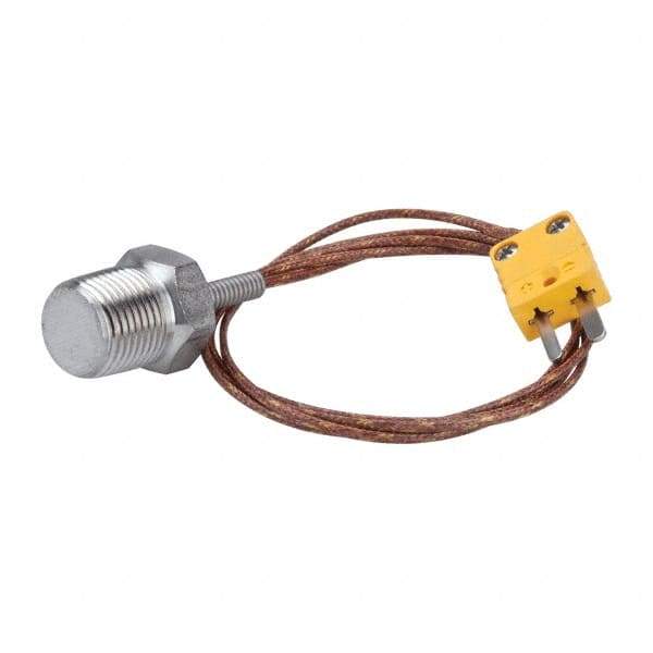 Thermo Electric - 0 to 221°F, K Pipe Plug, Thermocouple Probe - 5 Ft. Cable Length, Mini Connector, 10 Sec Response Time - Exact Industrial Supply