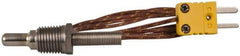 Thermo Electric - 0 to 900°F, K Pipe Plug, Thermocouple Probe - 5 Ft. Cable Length, Mini Connector, 1/2 Inch Probe Sheath Length, 6 Sec Response Time - Exact Industrial Supply