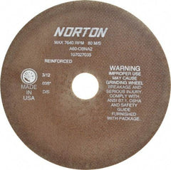Norton - 8" 60 Grit Aluminum Oxide Cutoff Wheel - 0.035" Thick, 1-1/4" Arbor, 7,640 Max RPM, Use with Stationary Grinders - Exact Industrial Supply
