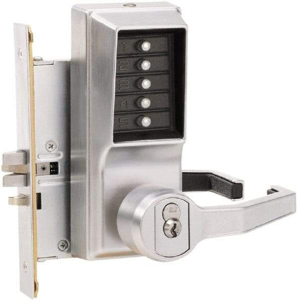 Kaba Access - Combination Entry Lever Lockset with Key Override - 2-3/4" Back Set, No Cylinder, Zamak3, Satin Chrome Finish - Exact Industrial Supply