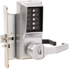 Kaba Access - Combination Entry Lever Lockset with Key Override - 2-3/4" Back Set, No Cylinder, Zamak3, Satin Chrome Finish - Exact Industrial Supply