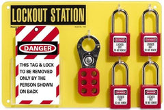 NMC - Equipped Acrylic Tag and Padlock / Hasp Station - 12 Inch Wide x 8 Inch High, Black on Yellow - Exact Industrial Supply