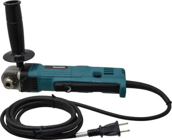 Makita - 3/8" Keyed Chuck, 2,400 RPM, Angled Handle Electric Drill - 4 Amps, 115 Volts, Reversible, Includes Chuck Key, Drill Chuck, Key Holder, Side Handle - Exact Industrial Supply