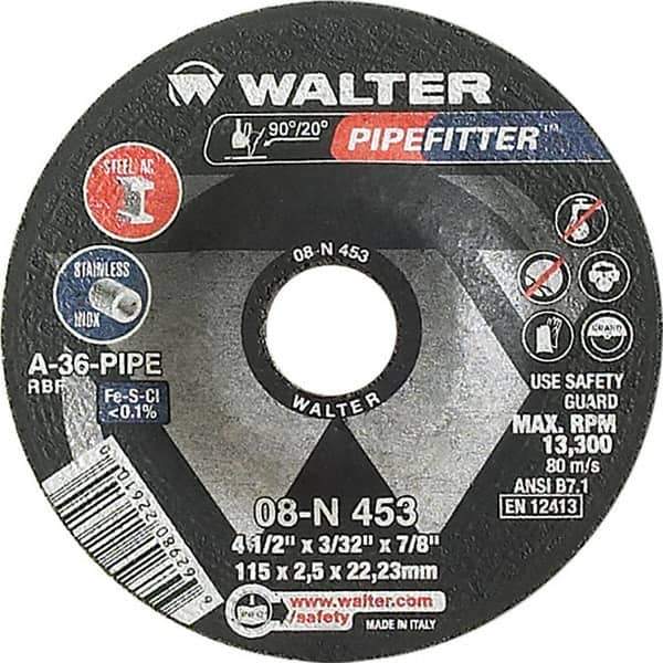 WALTER Surface Technologies - 36 Grit, 4-1/2" Wheel Diam, 3/32" Wheel Thickness, 7/8" Arbor Hole, Type 27 Depressed Center Wheel - Aluminum Oxide/Silicon Carbide Blend, Resinoid Bond, 13,300 Max RPM - Exact Industrial Supply