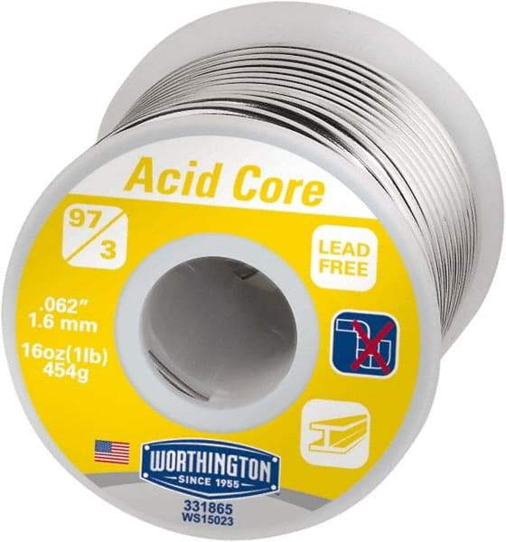 Worthington - 1/16 Inch Diameter, 97 Percent Tin and Copper and 3 Percent Urea Core, Lead Free Acid Core Solder - 1 Lb. - Exact Industrial Supply