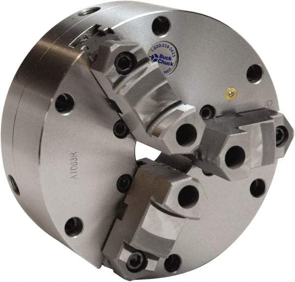 Buck Chuck Company - 3 Jaws, 6" Diam, Self Centering Manual Lathe Chuck - Plain Back Mount Spindle, Adjustable, Reversible, 3,000 Max RPM, 1-11/16" Through Hole Diam, Cast Iron - Exact Industrial Supply