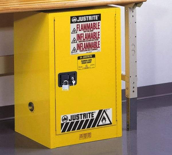 Justrite - 1 Door, 1 Shelf, Yellow Steel Space Saver Safety Cabinet for Flammable and Combustible Liquids - 35" High x 23-1/4" Wide x 18" Deep, Self Closing Door, 12 Gal Capacity - Exact Industrial Supply