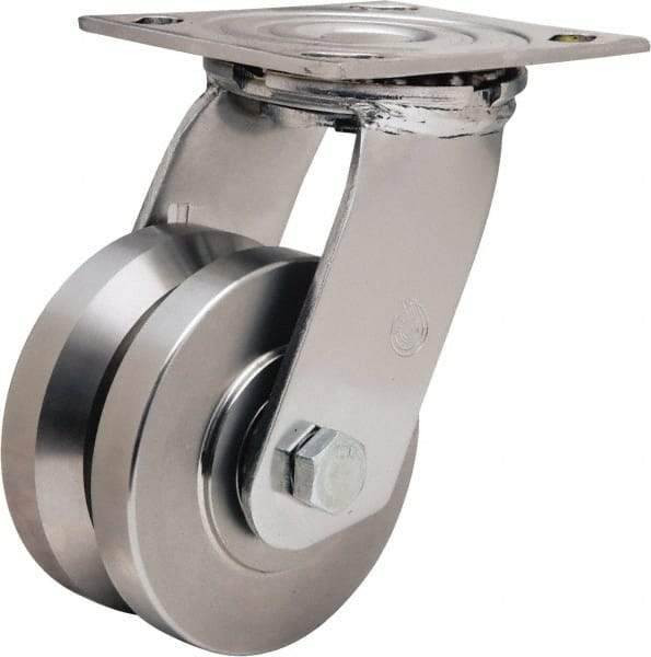 Hamilton - 4" Diam x 2" Wide, Stainless Steel Swivel Caster - 850 Lb Capacity, Top Plate Mount, 3-3/4" x 4-1/2" Plate, Delrin Bearing - Exact Industrial Supply