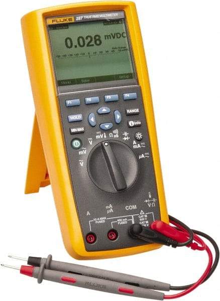 Fluke - 287, CAT IV, CAT III, 1,000 VAC/VDC, Digital True RMS Auto Ranging Manual Ranging Multimeter - 500 mOhm, Measures Voltage, Capacitance, Current, Frequency, Resistance, Temperature - Exact Industrial Supply