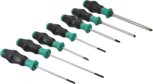 Wera - 7 Piece Phillips & Slotted Screwdriver Set - Blade Sizes: Width Metric 4, 4.5, 6.5 & 9, Bit Sizes: Philips #1 to #2, Metric Length mm: #1 x 80mm, #2 x 100mm, 4mm x 100mm, 4mm x 125mm, 4.5 x 100mm, 6.5mm x 125mm & 9mm x 150mm - Exact Industrial Supply