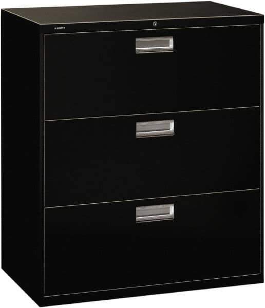 Hon - 36" Wide x 40-7/8" High x 19-1/4" Deep, 3 Drawer Lateral File with Lock - Steel, Black - Exact Industrial Supply